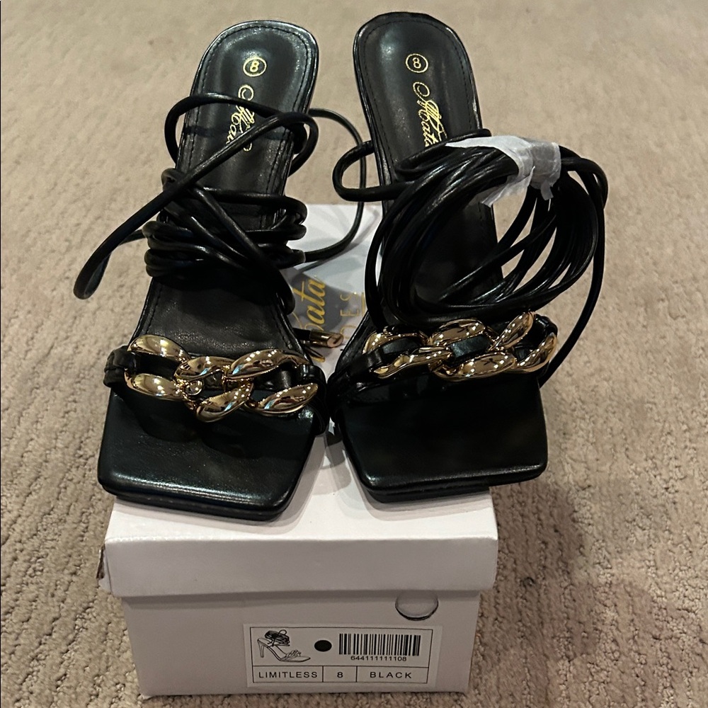 Mata Shoes Black Heels with Gold Chain Detail